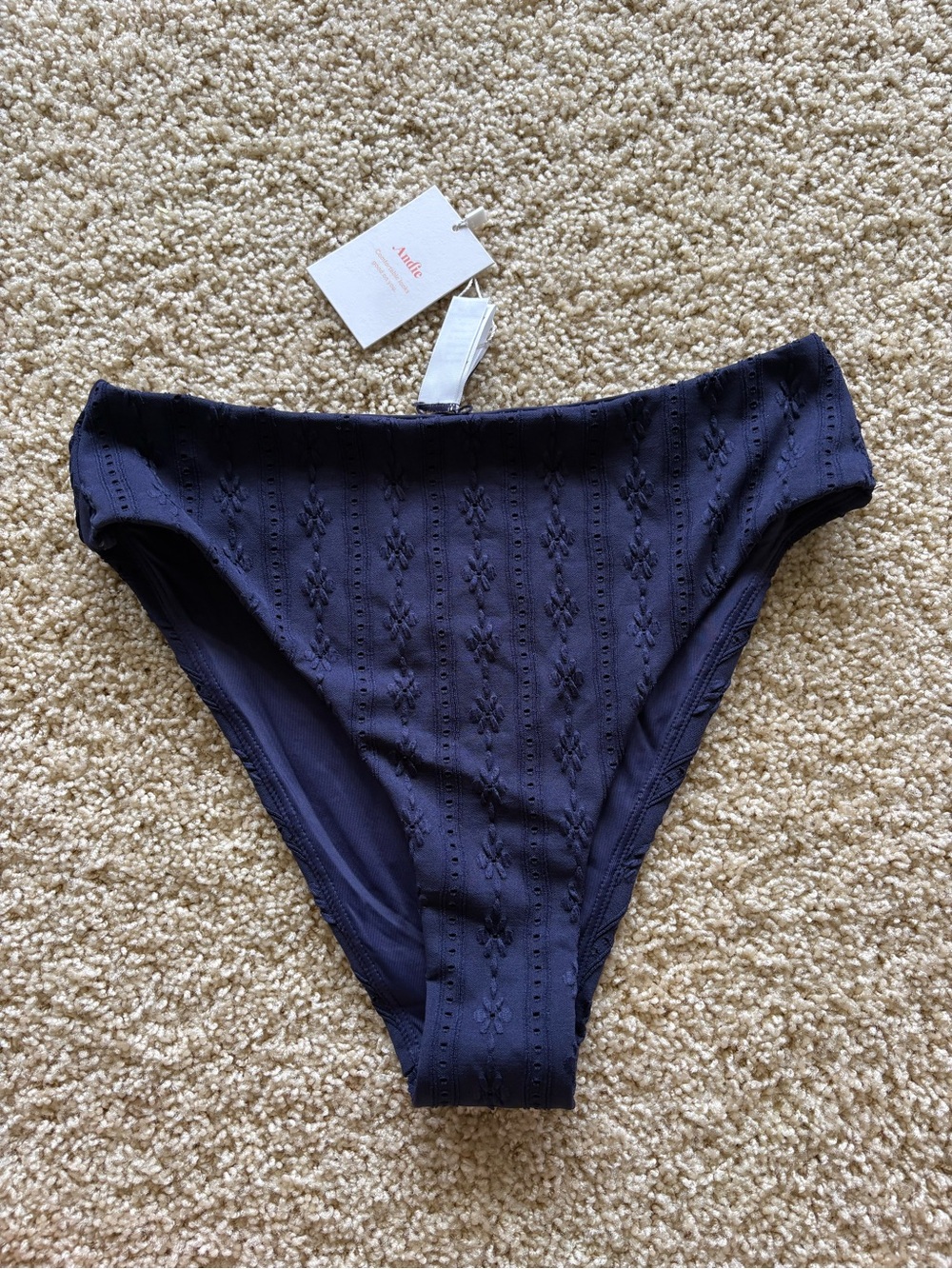 NWT Andie Swim Small The 90s High Waisted Bottom Navy Eyelet Bikini AB399